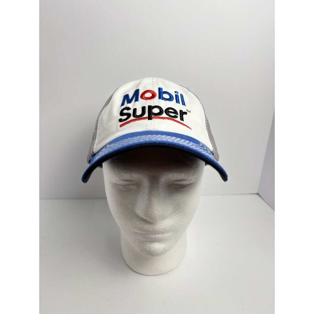 Mobil Super Go The Distance Tour Snapback Mesh Trucker Hat Blue Gray EUC